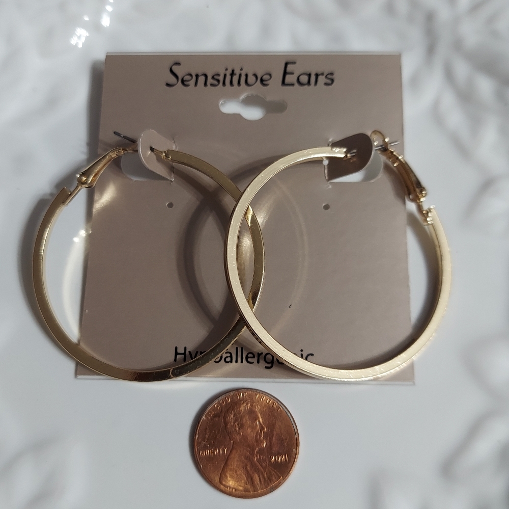 'Sensitive Ears' Polished Gold Tone '1&3/4' Inch Bar Hoop Earrings